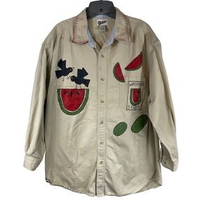 Vintage Button Down Shirt Hand Painted Sz Large Merona Primitive Bird Watermelon